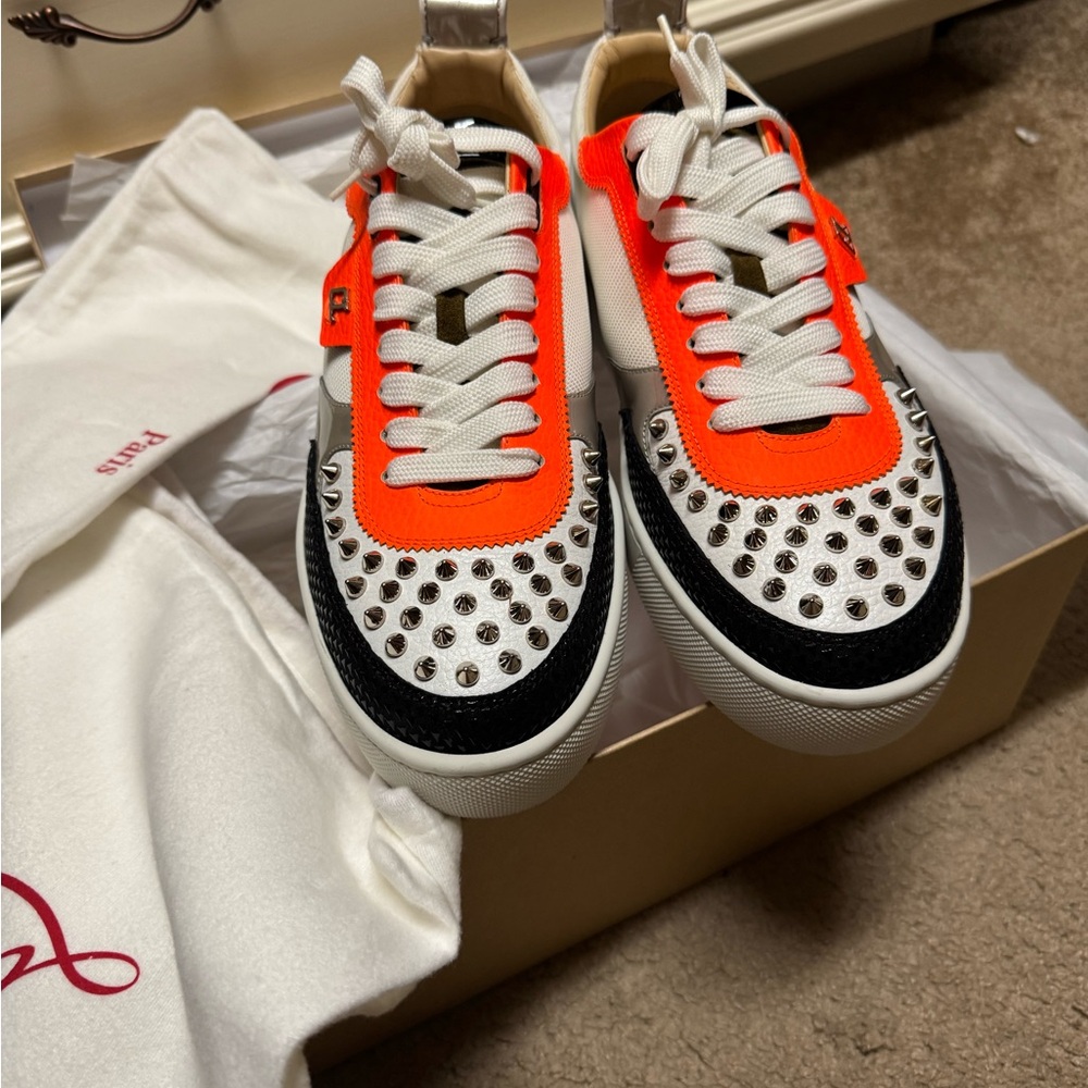 Christian Louboutin Orange and Black Spiked Sneakers